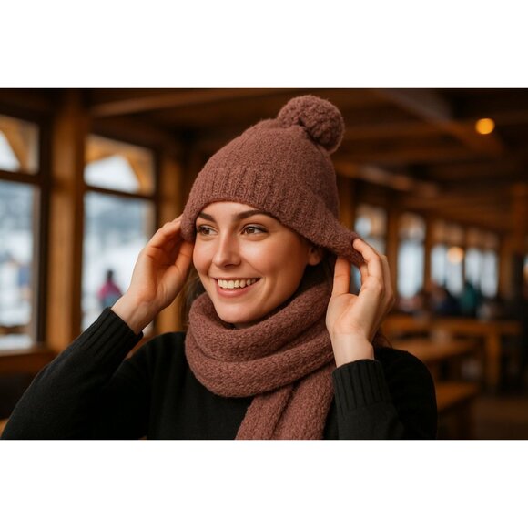 Barefoot Dreams CozyChic Pom Pom Beanie & Scarf Set Chestnut OS Warm Winter Wear - Picture 5 of 12